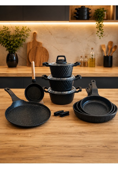Obsidyen Supreme Set 12 Parça Döküm Granit Tencere, Tava, Krep Tava Ve Sosluk Seti 16-18-20 Cm Derin Tencere 20-24-28 Cm Tava 26 Cm Krep Tava 14 Cm Sosluk Siyah