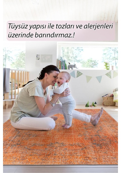 Foldy Eskitme Desenli Dokuma Taban Dekoratif Turuncu Halı Fl 54