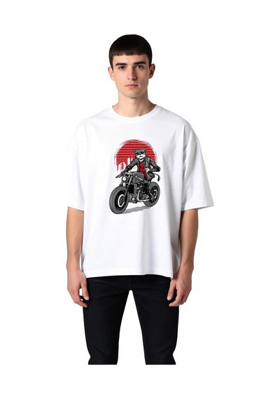 Paybuy Erkek Oversize Tişört Motorsiklet Güneş Gözlüklü Kedi Baskısı Şeh
