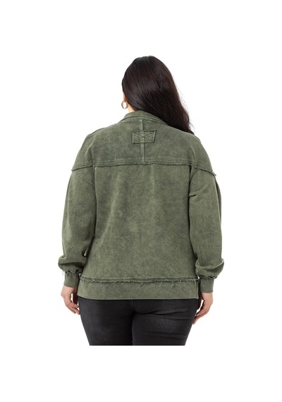 Büyük Beden Pis Dikişli Fermuarlı Yırtmaçlı Parça Boyalı Haki Sweatshirt-haki Haki