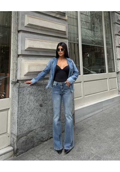 Out Of Standart Kadın Midwaist Flare Yüksek Bel Geniş Paça Jean Pantolon İce Blue