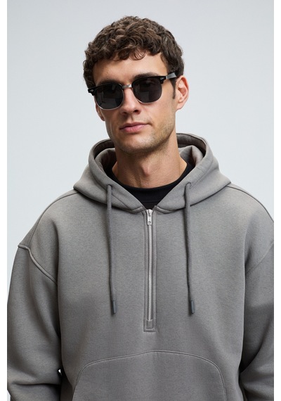 Grimelange JUSTUS Erkek Kapüşonlu Kanguru Cepli Fermuar Yakalı Koyu Gri Sweatshirt
