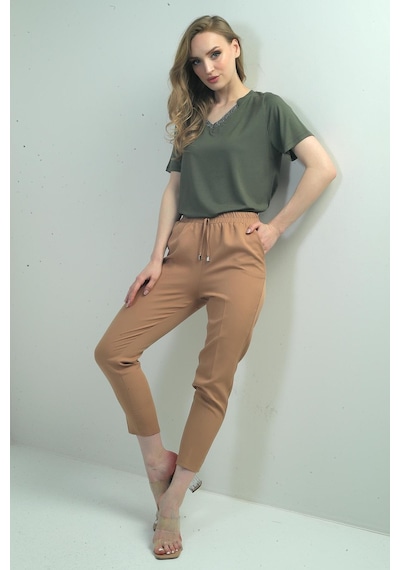By Saygı Kadın Beli Lastikli Yandan Cepli Havuç Paça Pantolon-40697 Vizon