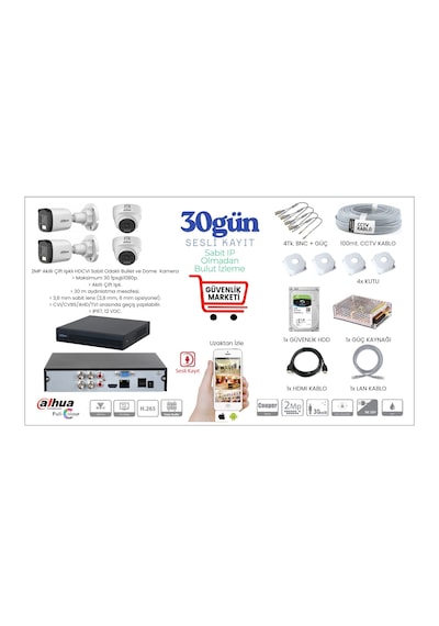Dahua 2 Mp Full Hd 4 Kameralı Sesli Renkli Gece Görüşlü Full Hd Kamera Set 2 Bullet - 2 Dome