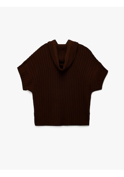 Koton Kapüşonlu Saç Örgüsü Detaylı Kısa Kollu Triko Oversize Panço Kahverengi 6wal90181ht Kahve