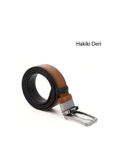 Gönderi(R) Gönderi R Siyaha Taba Hakiki Deri 3,5 Cm Çift Taraflı Klasik Kemer Siyah - Taba