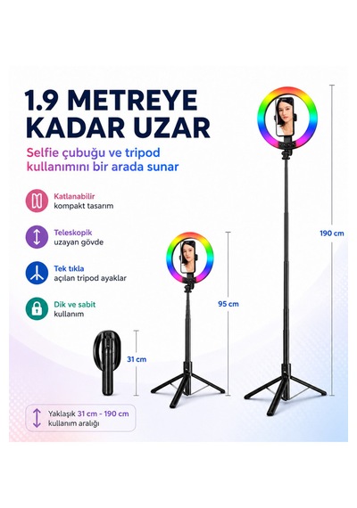 1,9 Metre Rgb Halka Işık Selfie Çubuğu Ve Tripod, 32 Renkli Led Ring Light, Bluetooth
