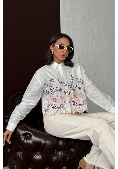 Verymoda Nakışlı Kadın Gömlek Boho, Şık - F1937 Sarı Dsn2