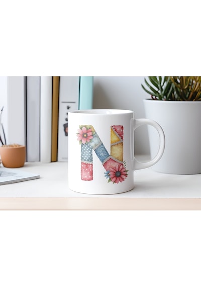N Harfli Retro Çiçekli Kupa Bardak - Patchwork Tarz Yamalı Desenli İsme Özel Kupa - Hediye 07 Beyaz