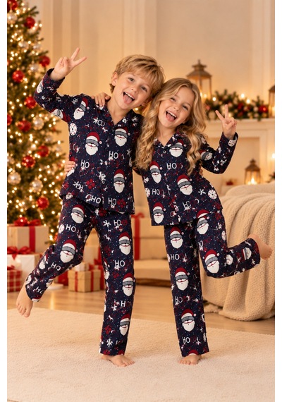 Free Beka Yılbaşı Desenli Kırmızı Uzun Kollu Önden Düğmeli Gömlek Yaka Aile Pijama Takımı Kombini Lacivert