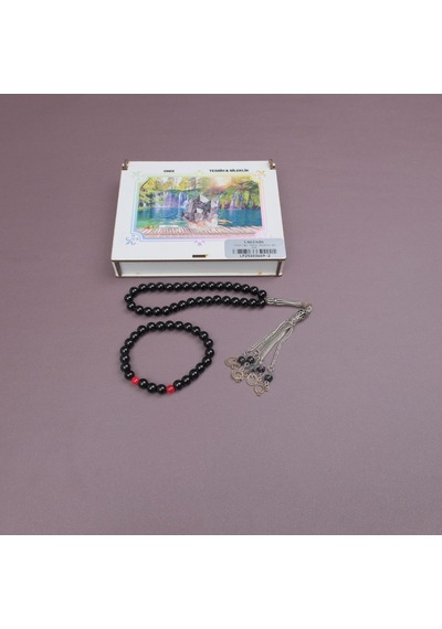Oniks Doğal Taş Bileklik+ Tesbih Set Ahşap Kutulu