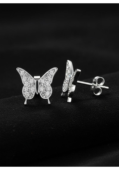 925 Ayar Gümüş Rodyum Kaplama Zirkon Taşlı Minimal Kelebek Kolye-küpe 2'li Set Gümüş