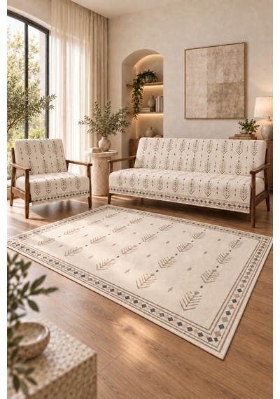3 Lü Set 2 Adet 165x215 Cm Koltuk Örtüsü + 1 Adet 6m2 180x280 Cm Kaymaz Taban Dijital Baskılı Halı Bej