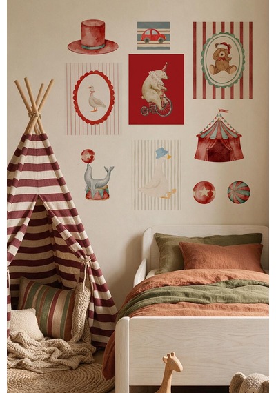 Vintage Sirk Temalı Poster Duvar Sticker Seti Bebek & Çocuk Odası Kendinden Yapışkanlı Sticker Çok Renkli