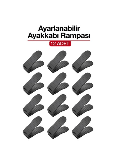 12 Adet Ayarlanabilir Ayakkabı Rampası Dolap İçi Ayakkabı Düzenleyici Organizer Siyah