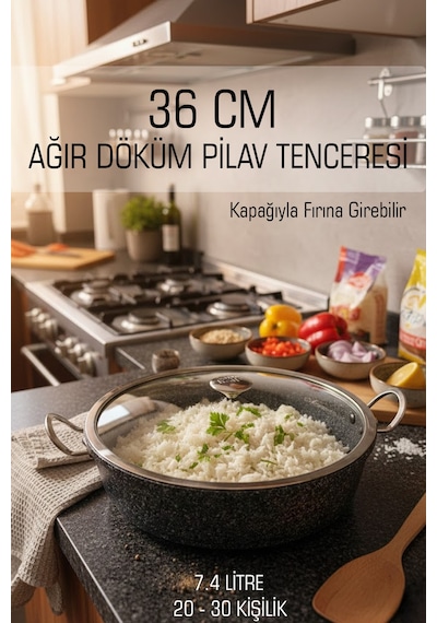 36 Cm Ağır Döküm Fırına Girebilir Büyük Boy Pilav & Karnıyarık Tenceresi Siyah