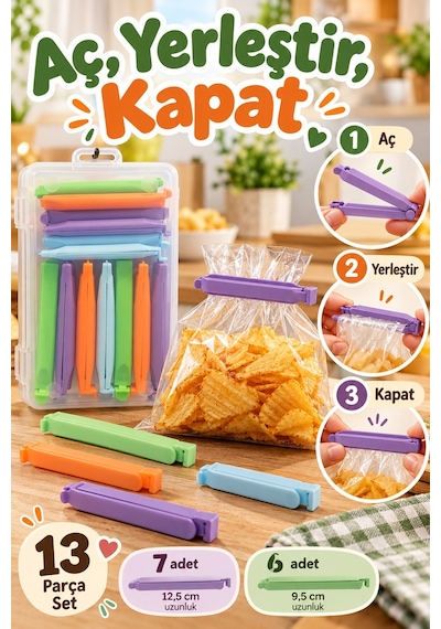 13 Adet Kutulu 2 Farklı Boy Renkli Poşet Kapatma Klipsi Mutfak Paket Ağzı Kapatıcı Düzenleyici Klips