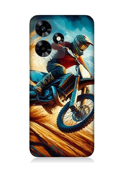 İnfinix Hot 30 Uyumlu Alevler Arasında Motosiklet Sıçrayışı Desenli Silikon Kılıf Çok Renkli