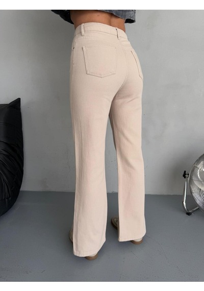 Bej Denım Kumaş Yırtmaç Detaylı Wide-leg Pantolon Bej