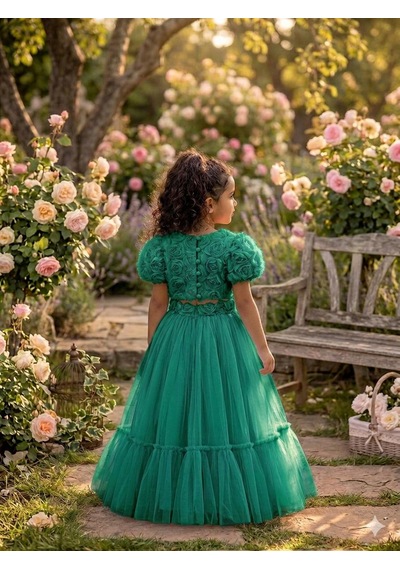 Star Kids Fashion Kız Çoçuk Zümrüt Yeşili Gül Detaylı Crop Elbise, Kız Çoçuk Doğum Günü Elbisesi Yeşil