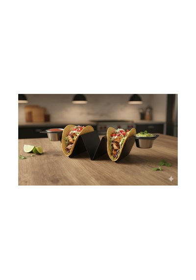 Modern Tasarım 3 Bölmeli Taco Standı Ve Sosluk Seti - Mat Siyah Metal Taco