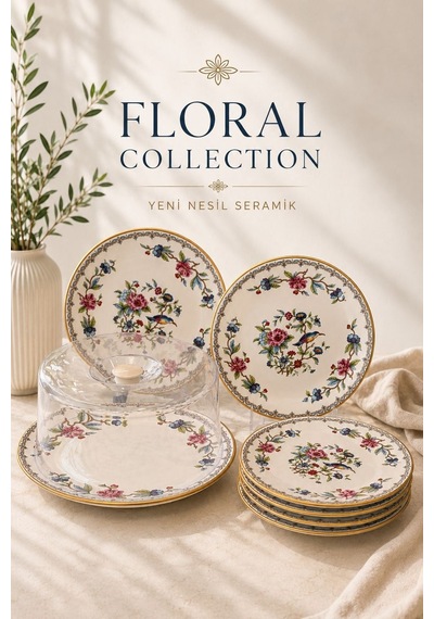 8 Parça Floral Kek Fanuslu Pasta Seti -5958 Bej