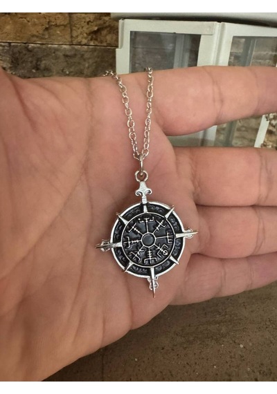 Viking Pusulası Antik Görünümlü Unisex Kolye 60 Cm Zincirli, Vegvísir Sembolüyle Koruma Çok renkli