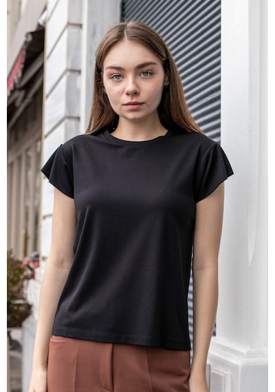 Kadın İpeksi Kumaş Geniş Sıfır Yaka Kısa Kol Tshirt Bluz-siyah Siyah Kadın İpeksi Kumaş Geniş Sıfır Yaka Kısa Kol Tshirt Bluz-siyah Siyah