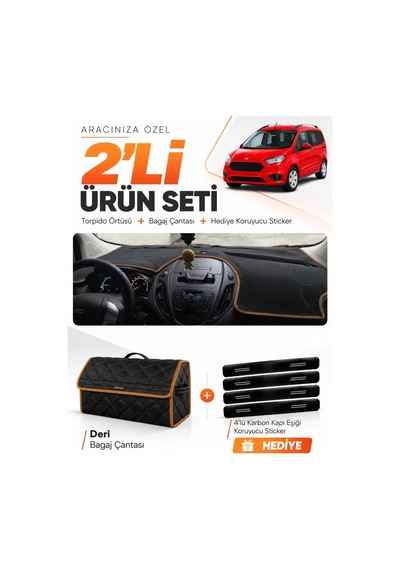 Ford Courier 2013-2020 Ekransız Uyumlu Torpido Örtüsü + Deri Çanta + Sticker - Siyah Kahverengi