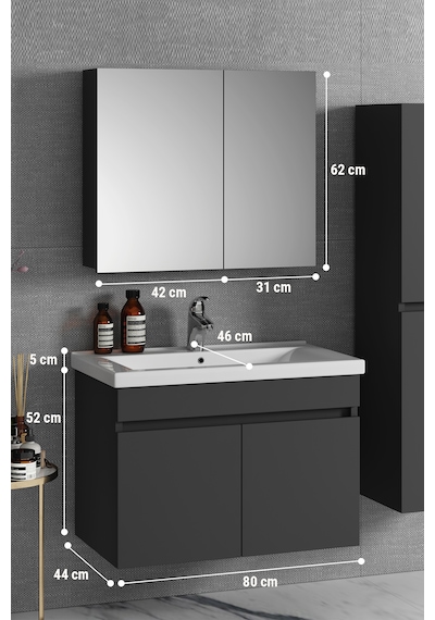 Çiğdem 80 Cm Antrasit Gri Mdf Seramik Lavabolu Asma Banyo Dolabı Antrasit - Gri