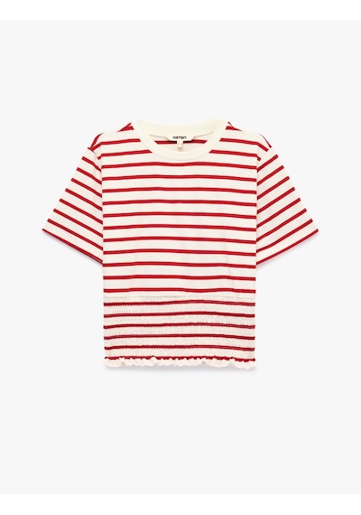 Koton Koton X Sibil Çetinkaya - Slim Fit Gipeli Bisiklet Yaka Kısa Kollu Çizgili Denizci Tişörtü Kırmızı Çizgili 6sak50034uk