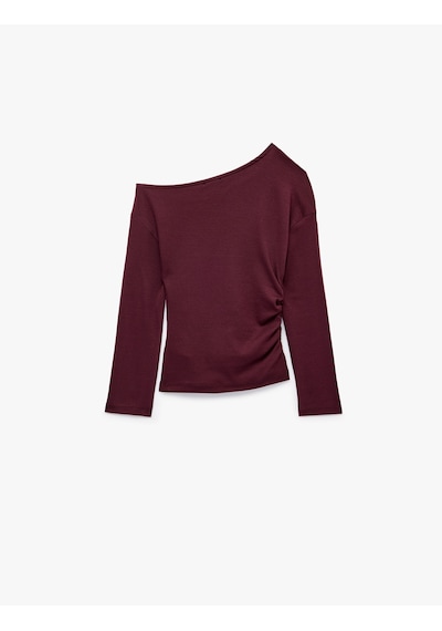 Koton Büzgülü Slim Fit Asimetrik Yaka Uzun Kollu Tişört Mürdüm 7wkg10690ak Mor