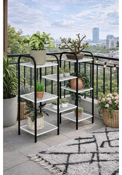 Metal Çiçeklik Ve Saksı Standı Raflı Bitki Rafı, Bahçe Ve Balkon İçin Modern Saksılık Dolap Beyaz 8 Raflı