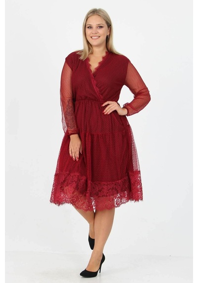 Dip Moda Kadın Astarlı Tül Büyük Beden Elbise Dpapcx14 Bordo