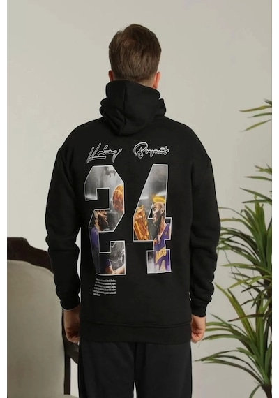 Erkek Baskılı Oversize Üç İplik Kapüşonlu Sweatshirt - Siyah