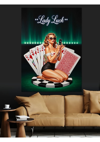 Poker Oynayan Hanımefendi Şansı Dekoratif Kanvas - Mdf Ahşap Tablo
