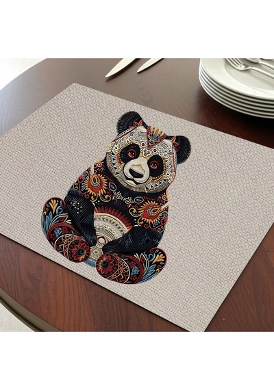 Renkli Panda Tasarımlı Amerikan Servis, Tabak Altlığı & Şık Masa Dekoru, Ev Hediyesi, 2 Adet Krem