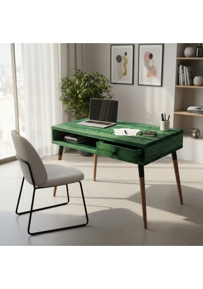 Mobenta Neo Desk: Masif Çalışma Masası 1 Çekmece Ve 1 Laptop Bölmesi - 120x60 Ye Yeşil