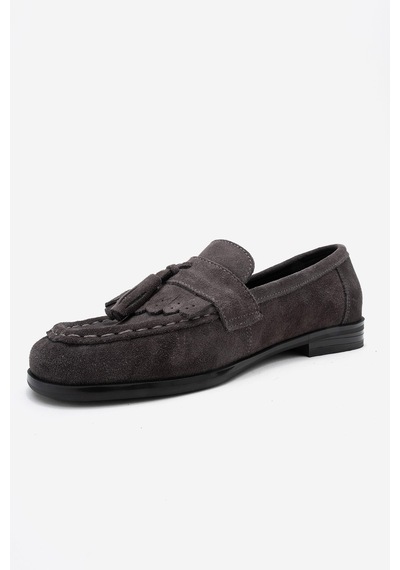 Luvishoes Luvi Shoes Lupen Gri Süet Püsküllü Hakiki Deri Kadın Loafer Ayakkabı Gri