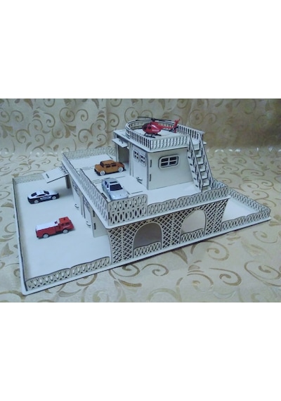 Ahşap 3 Katlı Otopark ve Gaz İstasyonu Beyaz