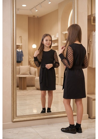 New Kids Kız Çocuk Elbise Tül Kol Puantiyeli Kol Fırfır Manşetli Detaylı Syh Tam Kalıp Yeni Sezon -91256 Siyah