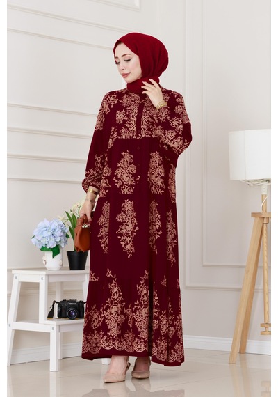 Sevitli Yarım Düğmeli Robalı Zülal Elbise-bordo-5208