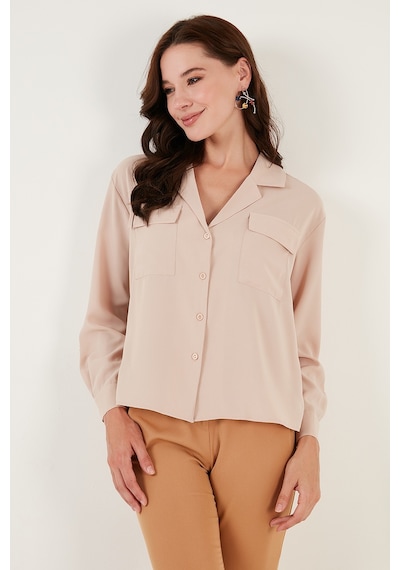 Lela V Yaka Çift Cepli Regular Fit Dokuma Bayan Gömlek 611Go00016 Taş