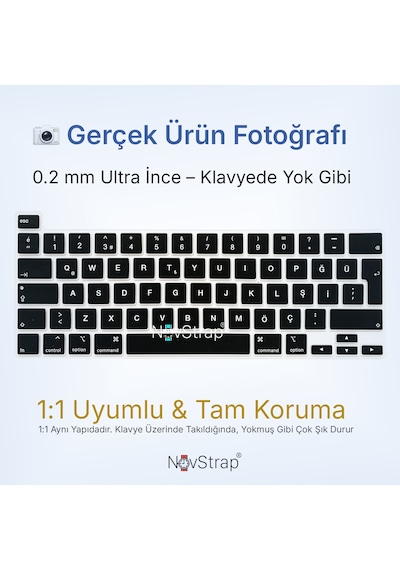 Novstrap Apple Uyumlu MacBook Pro 13 İnc M1 M2 A2338 A2289 A2251 İle Uyumlu Türkçe Q Siyah Klavye Koruyucu Kılıf