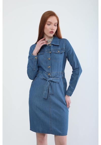 Banny Jeans Kadın Kuşaklı Uzun Kollu Elbise Açık Mavi
