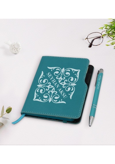 Kişiye Özel Isimli Turkuaz Termo Deri Defter Kalem Seti-10