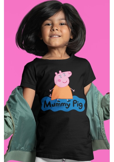 Sevbano Anne Pig Peppa Pig Baskılı Unisex Çizgi Film Çocuk Tişört 1-12 Y Siyah