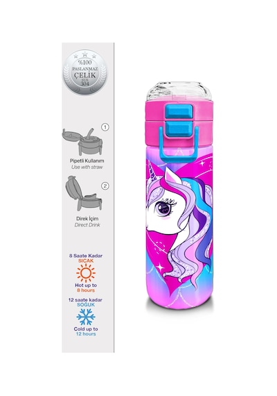 Coral High Kids Mor Pembe Unicorn Desenli Pipetli Ve Direkt İçim Çelik Termos 500 Ml 31807 Yeşil