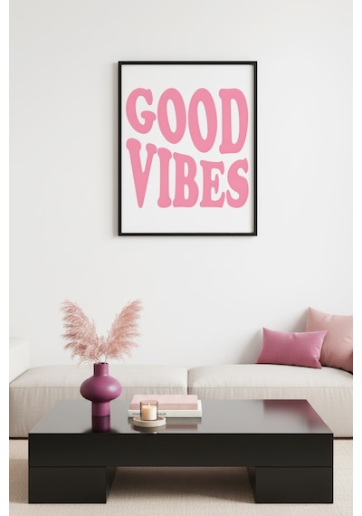 Doğal Ahşap Çerçeveli Retro Tablo - Good Vibes Pembe Yazı Tasarım Huhu2362