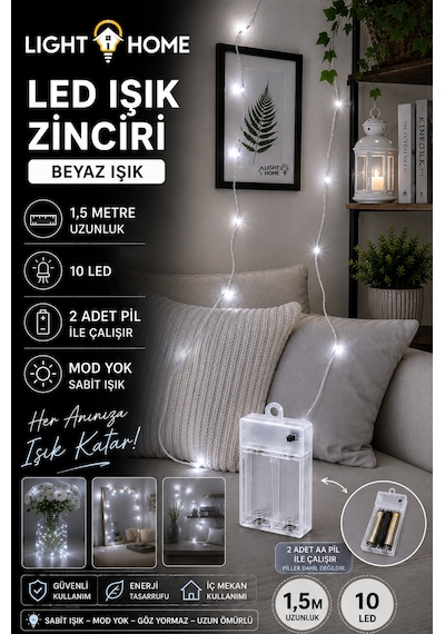 Kablolu Led Işık Zinciri Beyaz Dekoratif Led Aydınlatma Oda Duvar Yatak Odası Parti Yılbaşı Süsü 1,5 Metre 10 Led